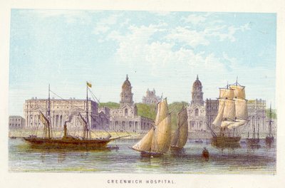 Thames Nehri: Greenwich Hastanesi (renkli gravür) by English School