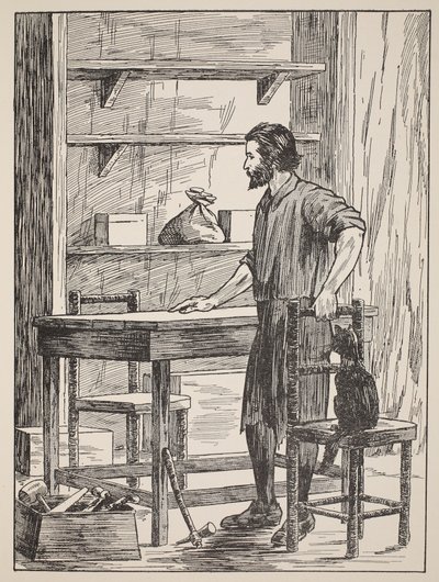 Robinson Crusoe mağarası için masa ve sandalyeler yapıyor, The Story of Robinson Crusoe: Defoes dilini izleyen çocuklar için bir uyarlama, pub. Griffith Farran Browne & Co. Limit tarafından by English School