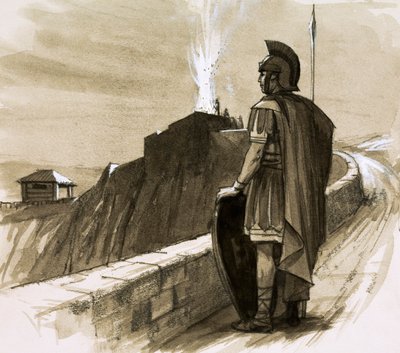 Bir sınır duvarını koruyan Romalı asker by English School