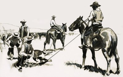 Roping and branding cattle in the wild west by English School