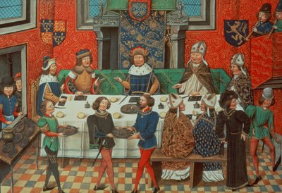 Roy 14 E IV f.244v Lancaster Dükü Portekiz Kralı ile yemek yiyor, Vol. III Jean de Batard Wavrin tarafından "II. Richard