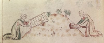 Roy 2 B VII f.155v “Queen Mary Psalter”dan ağ ve gelincikle tavşan yakalayan kadınlar, c.1310-20 (parşömen) by English School