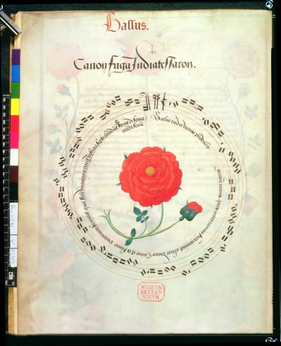 Roy II E XI f.2v Canon, dairesel çıtalar ve merkezde gül ile, Motets by Richard Sampson (parşömen) by English School