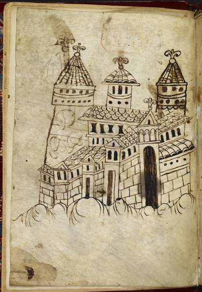 Üç kuleli Royal 15 A. XVI Romanesk bina (parşömen üzerine mürekkep) by English School