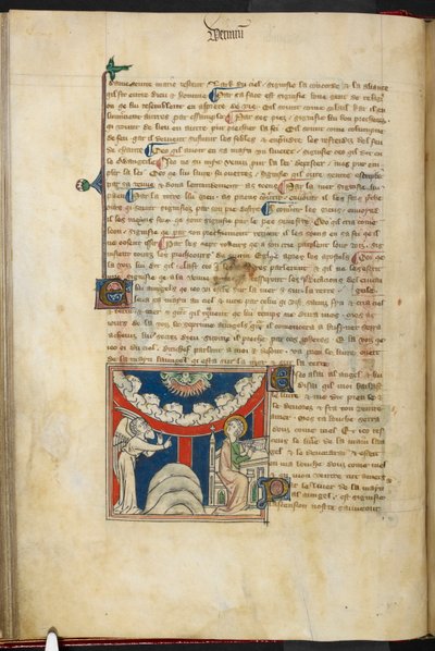 Royal 19 B.XV, f.17v Bir aslanın ağzı ve ters çevrilmiş bir bulut yayı üzerinde yedi gök gürültüsünü temsil eden altı baş: aşağıda, solda, melek ve sağda, John kitapta yazmak üzere, 