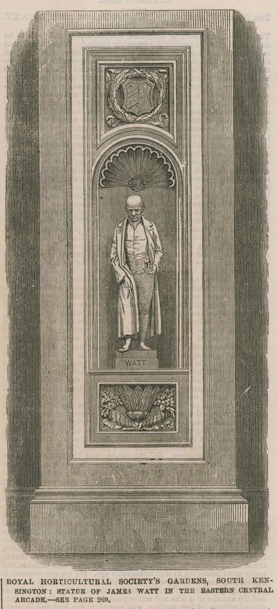 Kraliyet Bahçıvanlık Cemiyetleri bahçeleri, South Kensington: doğu orta çarşıda James Watt heykeli by English School