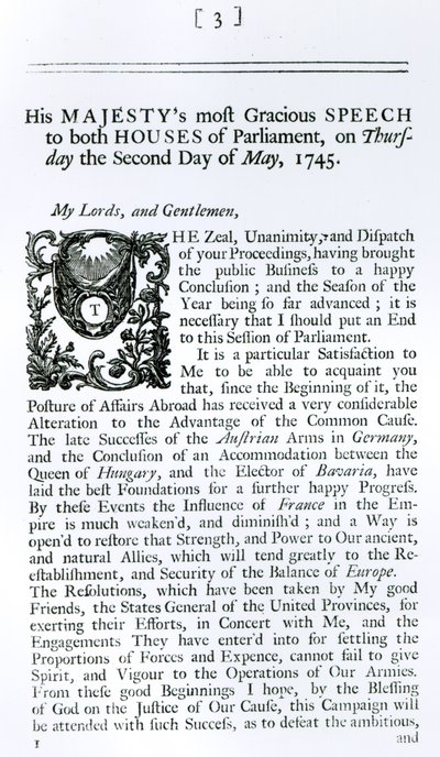 Her iki Parlamento Meclisine Kraliyet Konuşması, 2 Mayıs 1745 (baskı) by English School