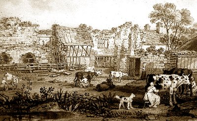 Süt sağan ineklerin olduğu harap malikane, c.1800 (kağıt üzerinde kalem ve sepya mürekkebi) by English School