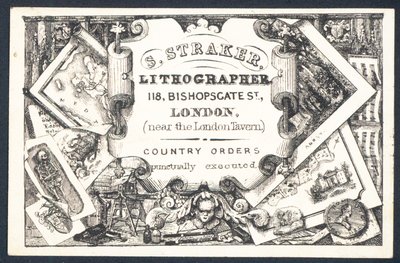 S Straker, litograf, ticaret kartı by English School
