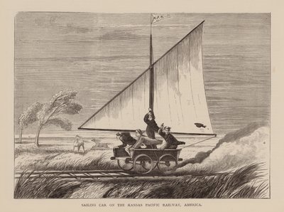 Kansas Pasifik Demiryolunda Yelkenli Araba, Amerika (gravür) by English School