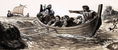 Aziz Malo yağmacı Vikinglerden kaçar (kağıt üzerinde guaj boya) by English School