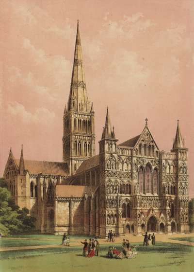 Salisbury Katedrali, Wiltshire (renkli litografi) by English School