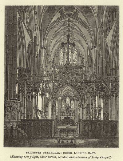 Salisbury Katedrali, koro, doğuya bakıyor, yeni minber, koro ekranı, tekrarları ve Lady Chapel