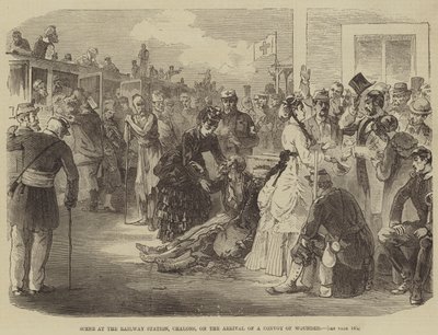 Bir Yaralı Konvoyunun Gelişinde, Chalons Tren İstasyonundaki Sahne (gravür) by English School