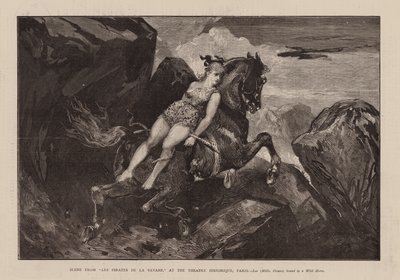 "Lies Pirates De La Savane "dan bir sahne, Theatre Historique, Paris, Leo, Mdlle Oceana, Vahşi Bir Ata Bağlı (gravür) by English School