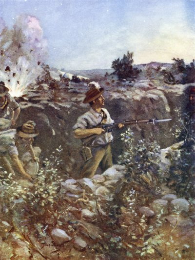 Teğmen Hugo Throssell, düşman karşı saldırılarına karşı ele geçirilen bir Türk siperinin bir bölümünü tutuyor, Tepe 60, Gelibolu, 29 Ağustos 1915 by English School
