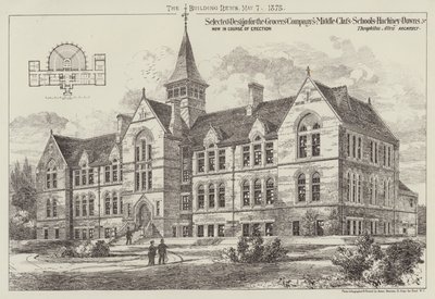 Bakkallar Şirketinin Orta Sınıf Okulları için Seçilmiş Tasarım Hackney Downs, şimdi Montaj Aşamasında (gravür) by English School