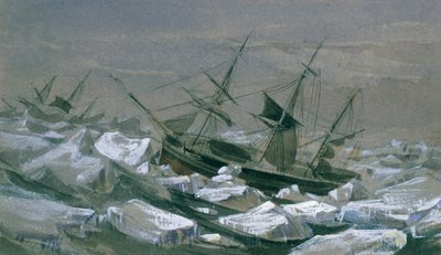 James Clark Ross'un 'Erebus' ve 'Terror' gemileriyle güney manyetik kutbu arayışında olan sevkiyatı (tuval üzerine yağlı boya) by English School