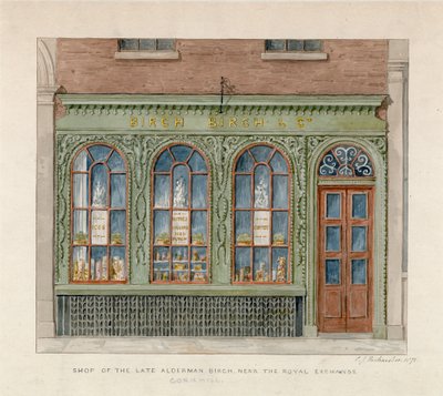 Kraliyet Borsası yakınlarındaki geç Alderman Birch'ün dükkanı. 1871 (kağıt üzerinde wc) by English School