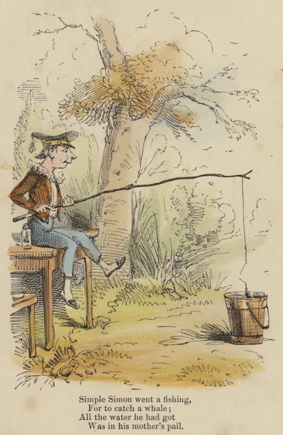 Basit Simon balık tutmaya gitti, Bir balina yakalamak için; Sahip olduğu tüm su, annesinin kovasındaydı (renkli gravür) by English School