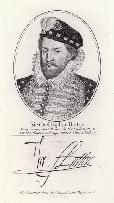 Sir Christopher Hatton, İngiltere'nin Lord Şansölyesi ve Kraliçe I. Elizabeth'in favorisi (gravür) by English School