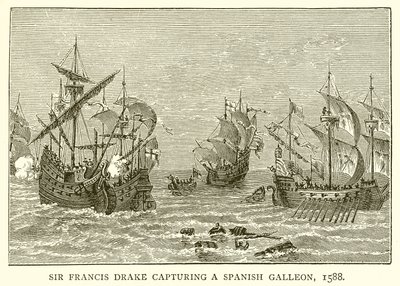 Sir Francis Drake bir İspanyol Kalyonunu ele geçiriyor, 1588 by English School