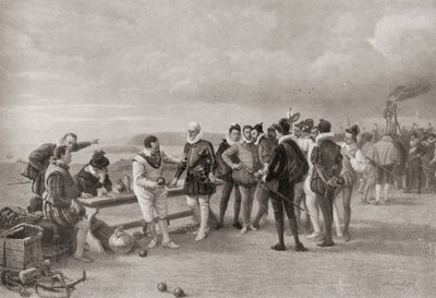 Sir Francis Drake, 1588'de İngiltere'de Plymouth Hoe'da İspanyol Armadası görünürken bowling oynuyor. by English School