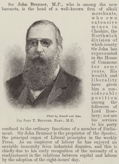 Sir John T Brunner, Baronet, MP (gravür) by English School
