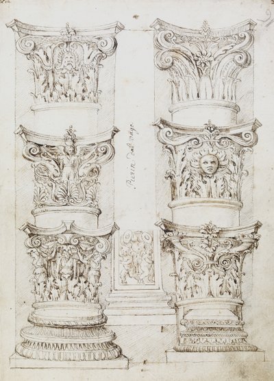Altı Başkent, Bir Lesene ve İki Sütun Tabanı, Folyo 1, Oxford Albümünün Ustası, c.1512-17 (kalem ve koyu kahverengi mürekkep) by English School