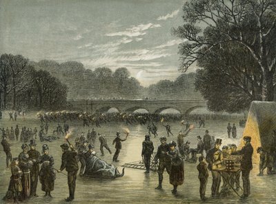 Londra, Hyde Park'ta buz pateni, yaklaşık 1850 (siyah ve üç renkli chiaroscuro gravürü) by English School