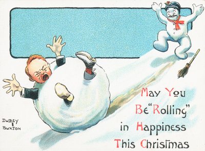 Kardan adam çocuğu bir tepeden aşağı bir kartopunun içine itiyor, Noel Kartı by English School