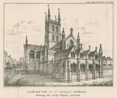 St Saviors Kilisesi'nin güney doğu görünümü, Southwark, restore edilmiş Lady Şapeli'ni gösteriyor by English School