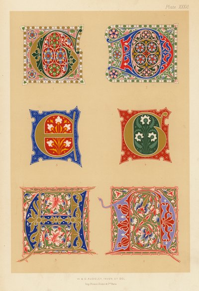 On dördüncü ve on beşinci yüzyıl tezhipli baş harflerinden örnekler (renkli taş baskı) by English School