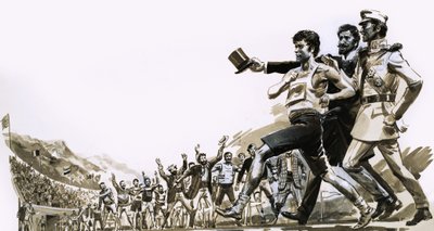 Spiridon Loues, kendisine eşlik eden iki Yunan prensiyle Olimpiyat maratonunu kazanıyor by English School