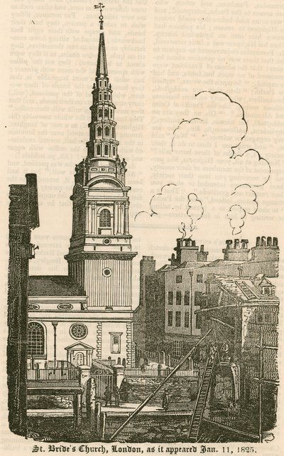 St Brides Kilisesi, Fleet Street, Londra, göründüğü şekliyle 11 Ocak 1825 by English School