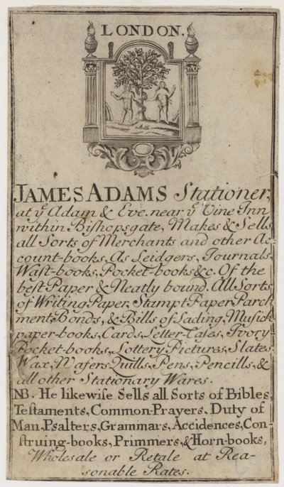 Kırtasiyeciler, James Adams, ticaret kartı by English School