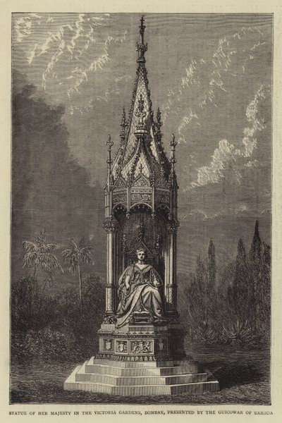 Baroda Guicowar tarafından sunulan Victoria Bahçeleri, Bombay, Majestelerinin Heykeli (gravür) by English School