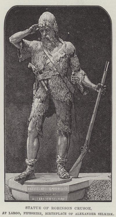 Robinson Crusoe heykeli, Largo, Fifeshire, Alexander Selkirk'in doğum yeri (gravür) by English School