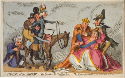 Kır faresinin evcilleştirilmesi: Katharine ve Petruchio; Modern Kişot, ya da ne istersen, 1791 (el boyaması gravür) by English School