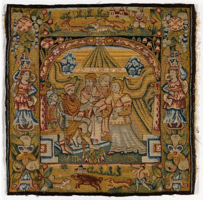 Susannah'yı Yargıç'tan önce tasvir eden, 1600'den sonra Sheldon, İngiltere'de yapılmış goblen yastık kılıfı (yün) by English School