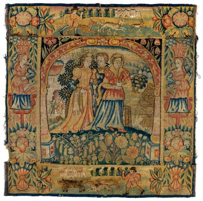 Susannah'nın banyoya giderken tasvir edildiği goblen yastık kılıfı, 1600'den sonra İngiltere'nin Sheldon kentinde yapılmıştır (yün) by English School
