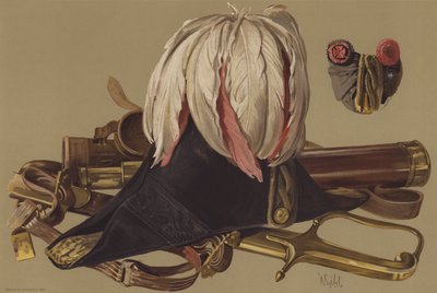 Wellington Dükü'nün teleskopu ve Waterloo'da (chromolitho) giydiği kılıç ve şapka by English School