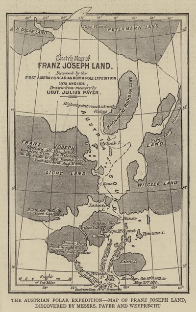 Avusturya Kutup Seferi, Franz Joseph Land Haritası, Messers Payer ve Weyprecht tarafından keşfedildi (gravür) by English School