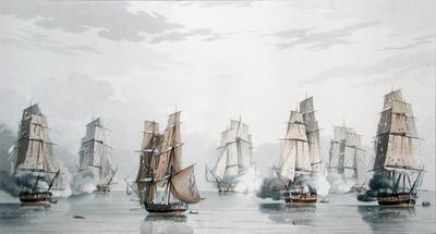 Kaptan Charles Marsh Schomberg komutasındaki İngiliz Filosu ve Commodore Roquebert komutasındaki Fransız Filosu, Madagaskar açıklarında Harekatın başlamasından kısa bir süre sonra Becalmed, 20 Mayıs 1811 (renkli taş) by English School