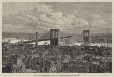 Long Island ve New York (gravür) arasındaki Doğu Nehri üzerindeki Brooklyn Köprüsü by English School