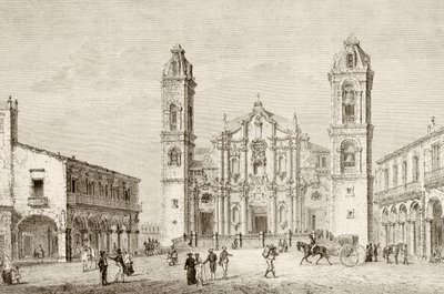 Havana, Küba'daki Katedral (litho) by English School