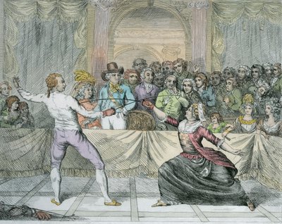 Bir eskrim maçında bir kadın gibi giyinmiş Chevalier dEon (daha sonra renklendirme) by English School