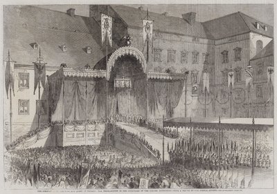 Prusya Kralı ve Kraliçesinin taç giyme töreni, Schloss Avlusunda Bildiri, Königsberg (gravür) by English School