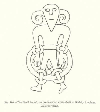 Şeytan bağlı, Norman öncesi çapraz şaft üzerinde Kirkby Stephen, Westmorland (gravür) by English School