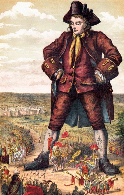Lilliput İmparatoru ve ordusu, Gulliver'in bacakları arasında yürüyen, Jonathan Swift'in 'Gulliver's Travels'ından, 1880 dolaylarında yayınlandı (renkli lito) by English School